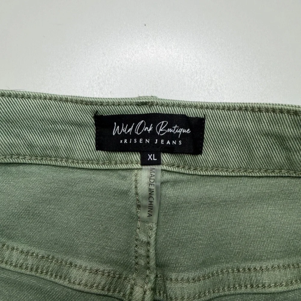 RISEN JEANS Asymmetrical Crossover Olive Green Distressed Shorts Women's XL NEW